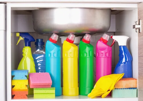 How do you organize household cleaning supplies