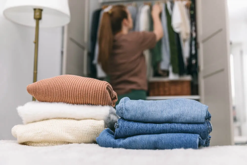 Organized closet with clothes grouped by color on matching hangers