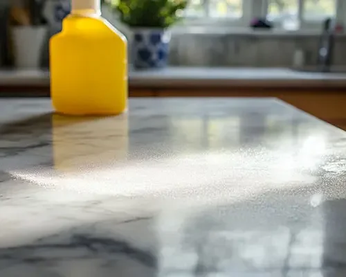 spraying cleanbing solution over marble counter or tabletop