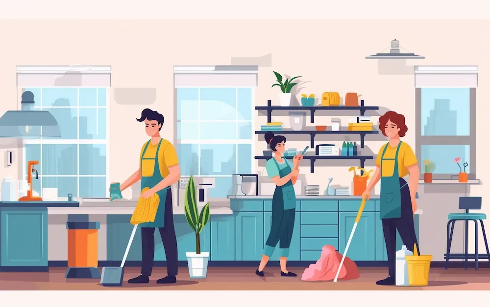 Cleaners following a cleaning checklist