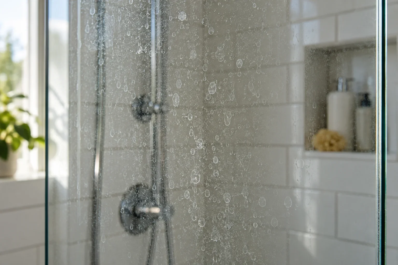 Chalky rings from dried water droplets on shower glass