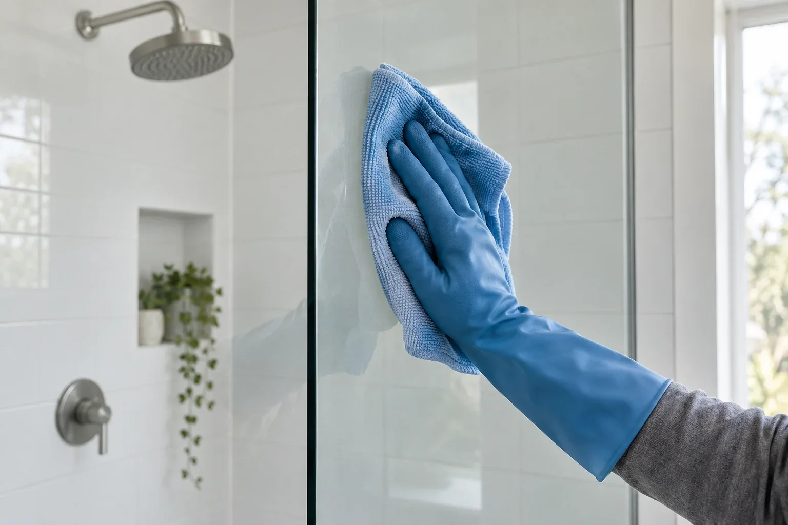 Gloved hand gently wiping shower glass with a blue microfiber cloth