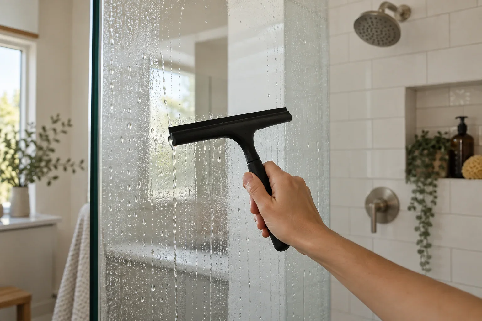Hand drawing a rubber squeegee across wet shower glass